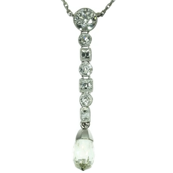Platinum Art Deco diamond pendant necklace with big briolette cut diamond